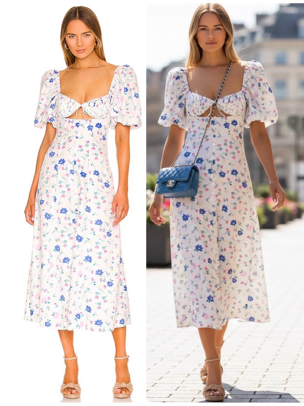 For Love & Lemons Lexy White Floral Puff Sleeves Tie-Front Midi Dress NWT $258